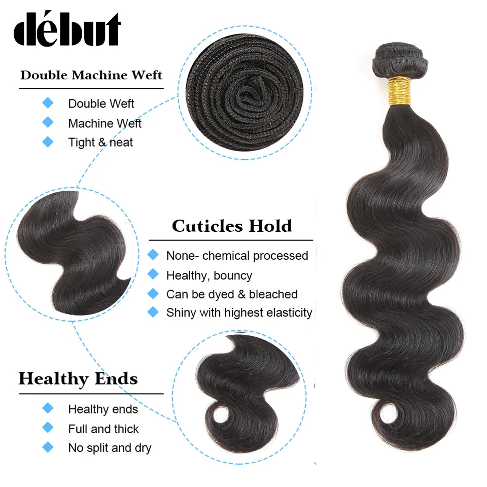 Debut Body Wave Human Hair Bundles With Closure Brazilian Hair Weave 3 Bundles With Lace Closure Non Remy Hair Extension