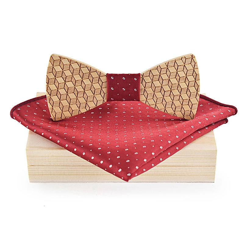  Handmade Wooden Bowtie Pocket Square Set Wedding Polyester Handkerchief Neckwear Wood Bow Tie for M