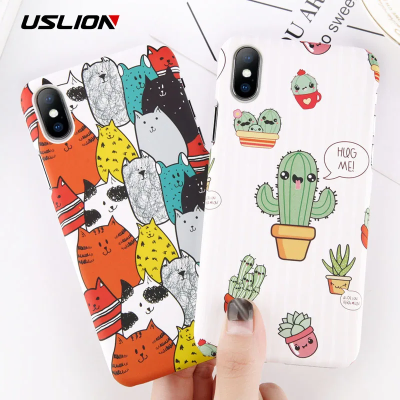USLION Green Cactus Case For iPhone 7 6 6S Plus Flower Cartoon Animal Phone Cases For iPhone X 8 Plus Matte Hard PC Back Cover