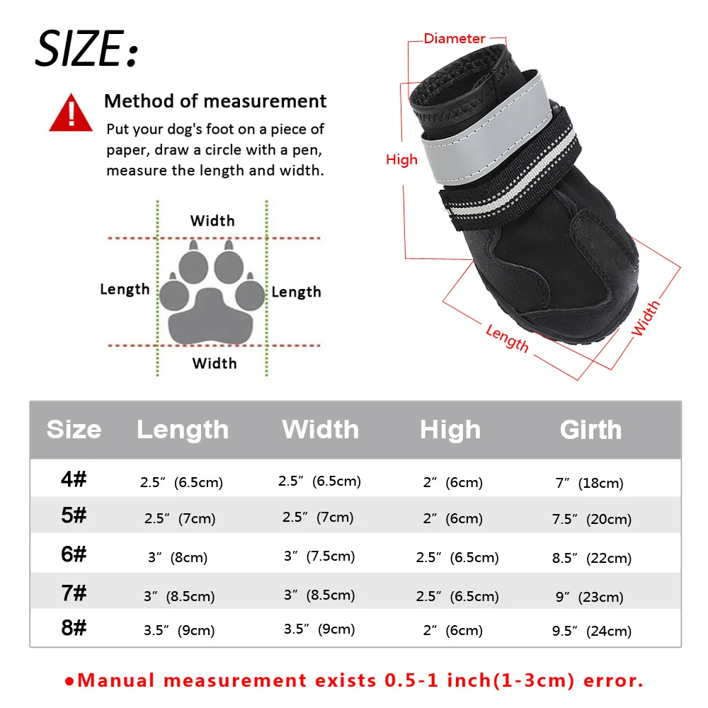 Anti-Skid and Waterproof Dog Shoes Size Chart