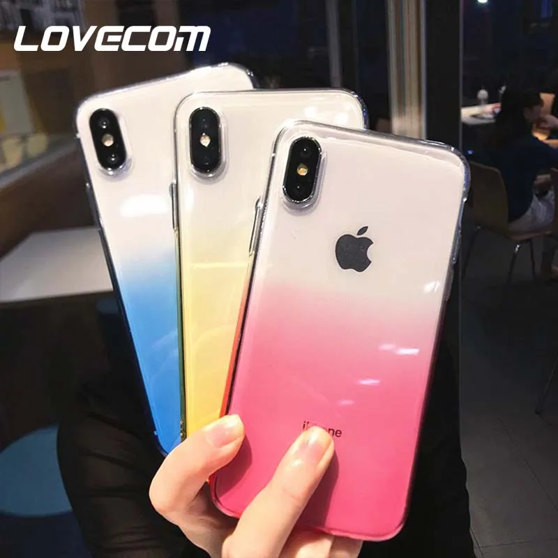 

LOVECOM For iPhone X XS Max XR 6 6S 7 8 Plus Gradient Color Transparent Soft TPU Protective Phone Back Cover Case Coque Gift
