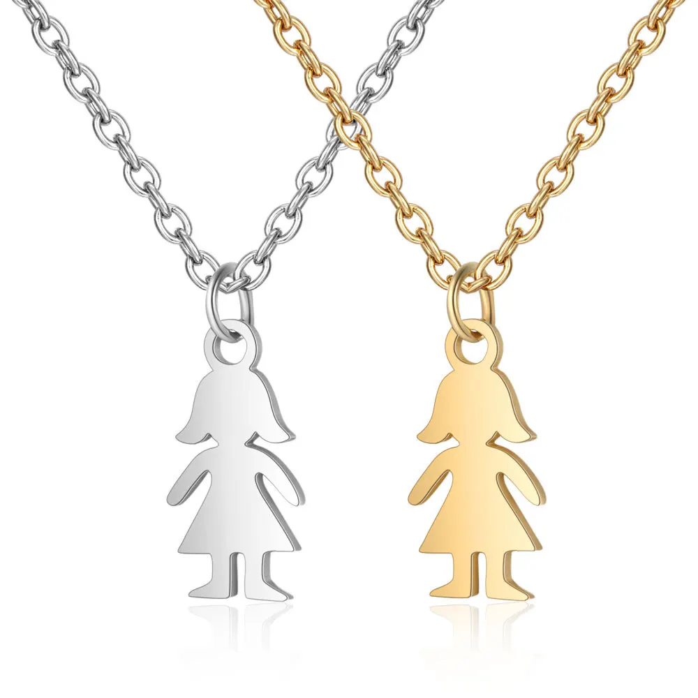 

2019 Titanium Stainless Steel Charm Necklace 14x7.2mm Lovely Little Girl Daughter Pendant Long Gold Chain Family Necklace Gift