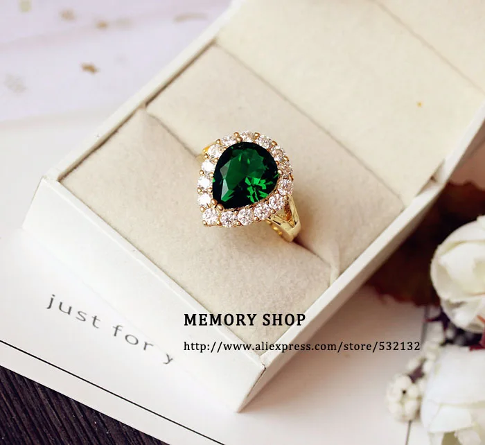Модное винтажное Золотое кольцо с зеленым камнем в форме капли воды, кубический цирконий, Женские Ювелирные изделия, классические юбилейные украшения