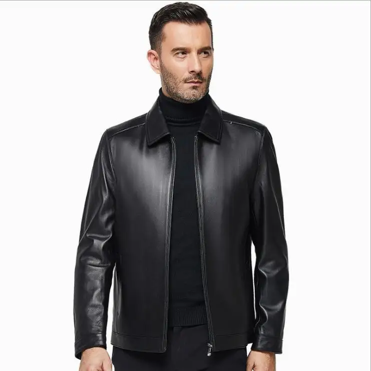 

2019 New sheepskin Motor Bike jacket middle age men Spring Autumn Genuine leather Coat Fashionable Father Clothing Black Coffee