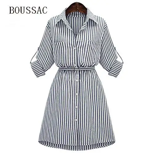 

2018 Spring Autumn Vintage Plus Size Long Sleeve Vestido Work Wear Office OL Striped Dresses Women Cotton Casual Shirt Dress