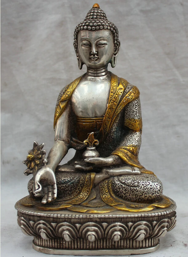 

8" Tibet Tibetan Buddhism Silver Gild Menla Medicine Buddha Medical God Statue