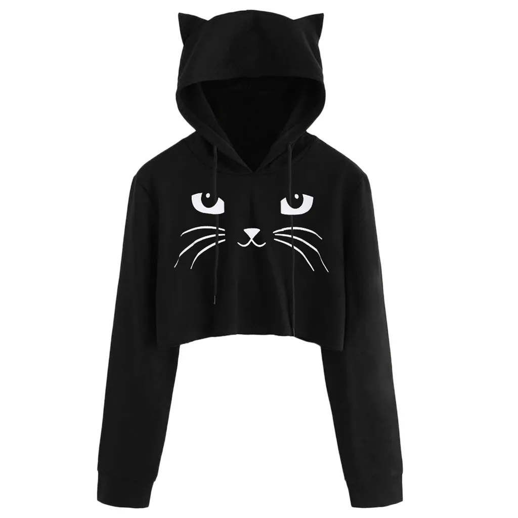 Harajuku Women Cat Ear Printed Hoodie Casual Loose Long