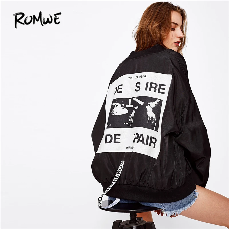 ROMWE Patch Back Ribbon Detail Oversized Bomber Jacket Women Stand Collar Zipper Letter Jackets 2018 Loose Spring Women Coat ROMWE Patch Back Ribbon Detail Oversized Bomber Jacket Women Stand Collar Zipper Letter Jackets 2018 Loose Spring Women Coat