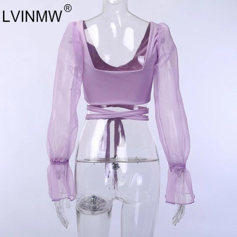 LVINMW Sexy Mesh See Through lantern с длинным рукавом Crop Tops 2019 Весна Женщины Backless Patchwork Slim U Neck T Shirt