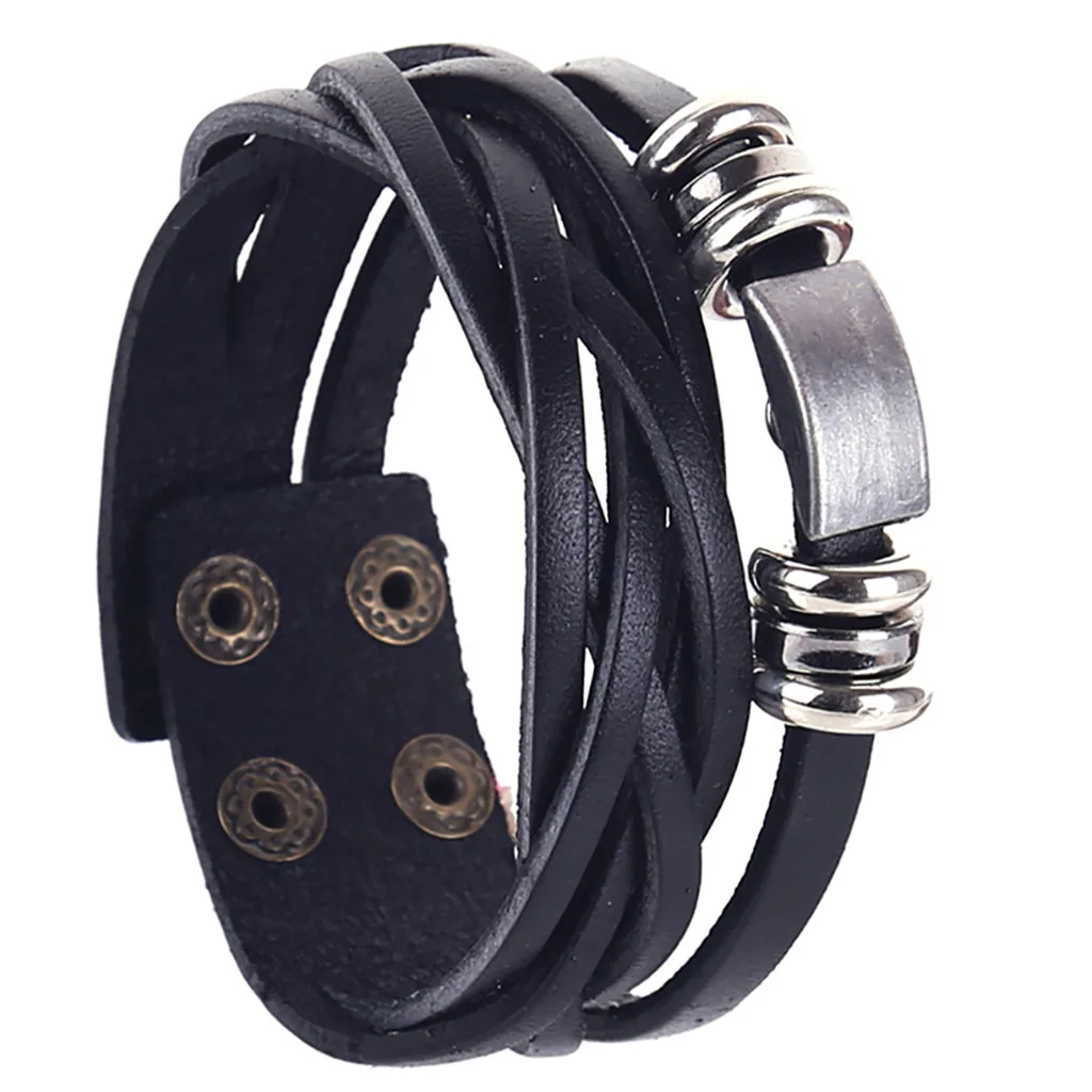 

Men Brown Silver Leather Bracelets charms black Geometric Woven Leather Bracelet homme de luxe pulseras mujer moda 2019@SL
