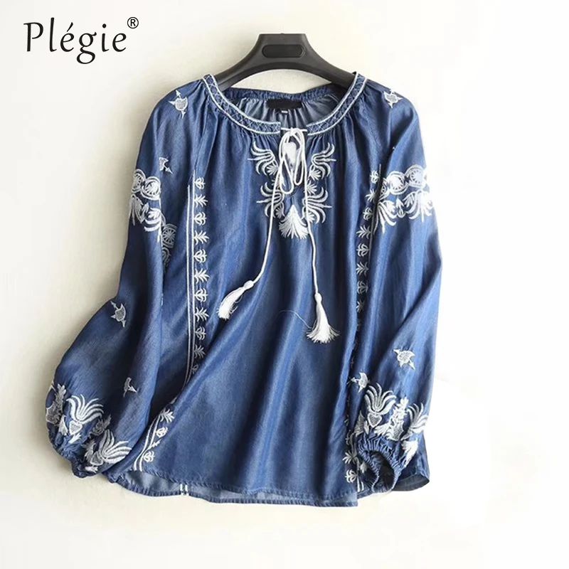 Plegie с вышивкой и бахромой джинсовые Блузы Mujer De Moda 2020 на шнуровке v-образным