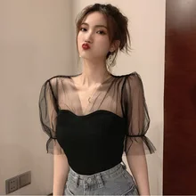 Новая модная женская трикотажная рубашка с v-образным вырезом, топы для женщин и девушек, тонкая сексуальная пышная футболка с коротким рукавом и оборками