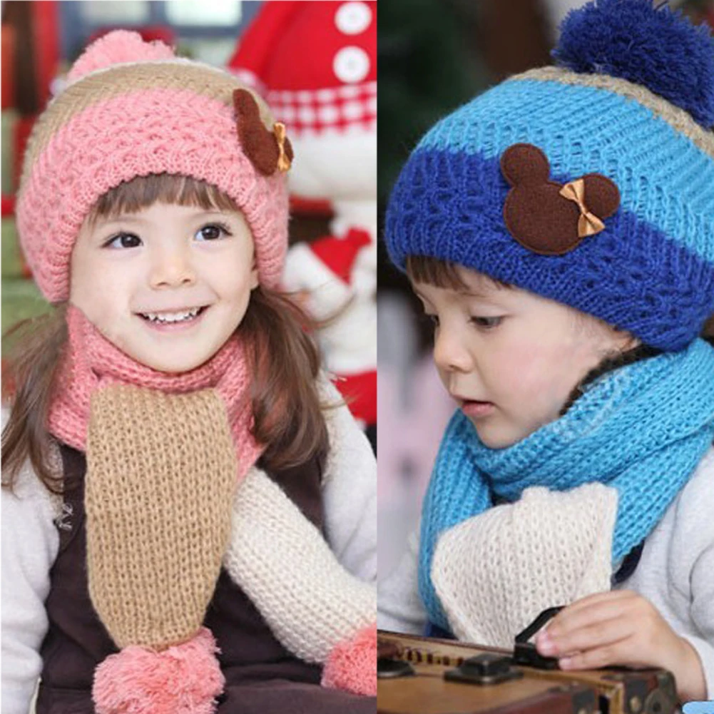 Winter Hats For Girls Kids Fashion Baby Hat Warm Knitted Wool Scarf Cap Set Warm Hooded Children