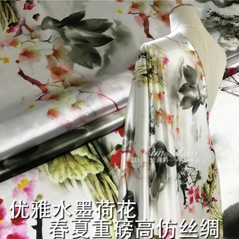 

2017 heavy stretch ink lotus printing fabric silk satin cheongsam kimono silk scarf imitation fabric