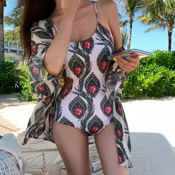 

Swimsuit One Piece Women May Female Beach Free Shipping Korean New Peacock Feather Print Polyester Sierra Surfer Bath Suit 2019