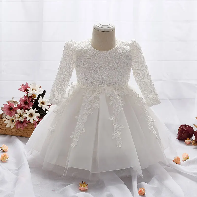 Коллекция года, платье для девочек, белое платье для крещения с длинными рукавами одежда для дня рождения для маленьких девочек возрастом 1 год кружевное бальное платье на крестины для маленьких девочек, k1