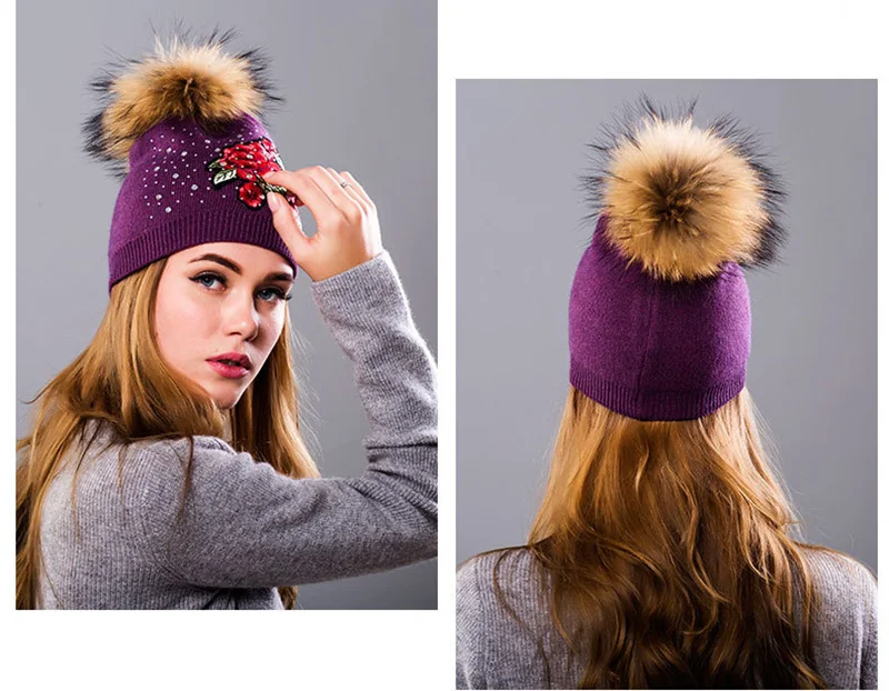Winter Hat Women Knit Beanie Warm Cap Wool Flower Real Raccoon Pom Pom Autumn Casual Outdoor Ski Skullies Snow Accessory (25)