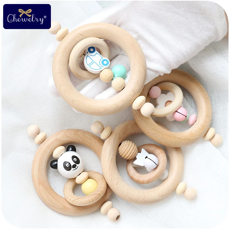 

1pc Baby Rattle Toy Wooden Rings Food Grade Perle Silicone Teething Car Montessori Stroller Toy Wood Rodent Children'S Goods Toy