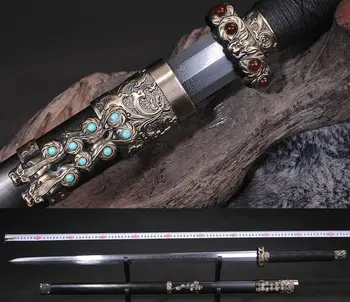 

Top Quallty Ebony wood Inlay Gemstone Handmade Chinese Kungfu/WuShu Sword Pattern Steel Blade Sharp Han TANG Battle Jian