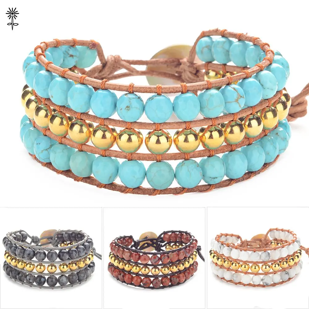 Wholesale 10pcs Graduated Stones Charms with Gold Color Beads Leather Wrap Bracelets Boho ...