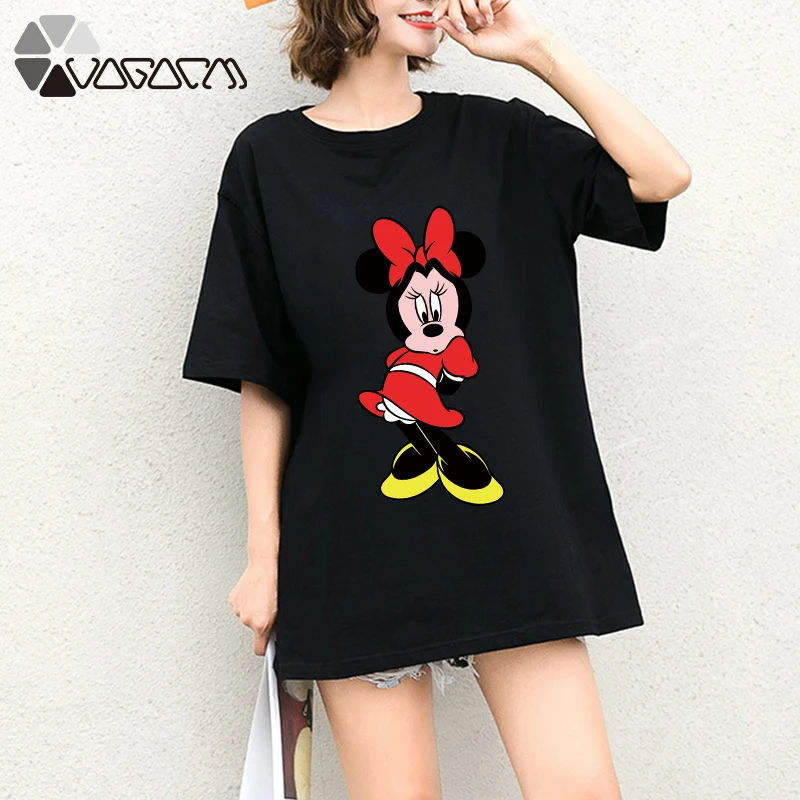 

Summer Clothes Women Minnie Mickey Mouse Tops Tee Short Sleeve Black White Streetwear Loose Cartoon Plus Size T Shirts Casual
