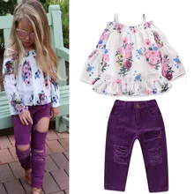 Новые стильные комплекты одежды с открытыми плечами для маленьких девочек от 1 до 6 лет, модные детские топы с цветочным принтом+ рваные штаны, комплекты из 2 предметов