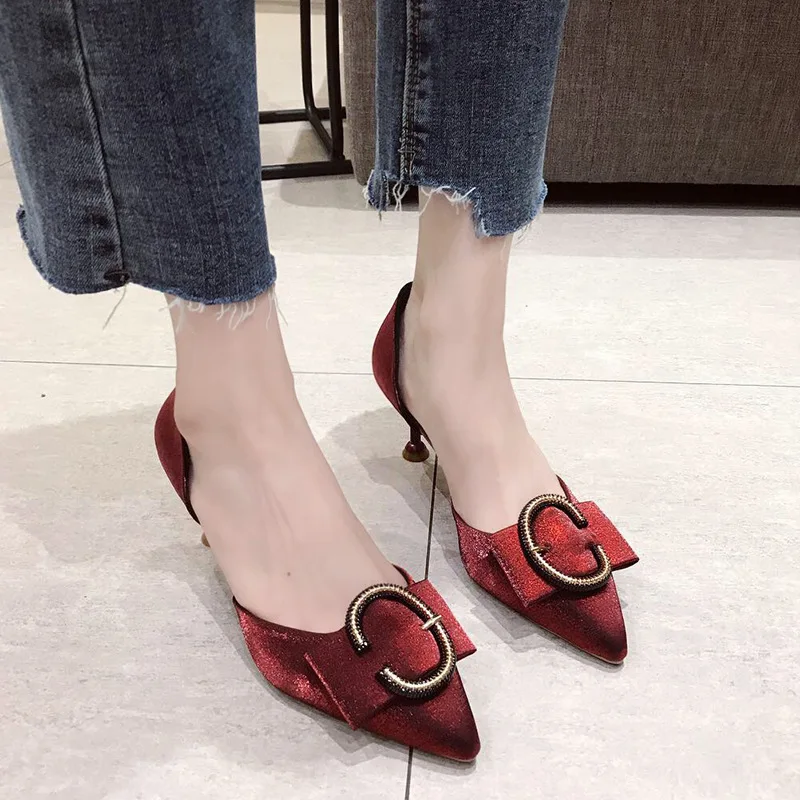 

Summer 2019 new Korean version of thin-heeled shallow-mouth pointed leather belt buckle set feet clear HEELS SANDALS