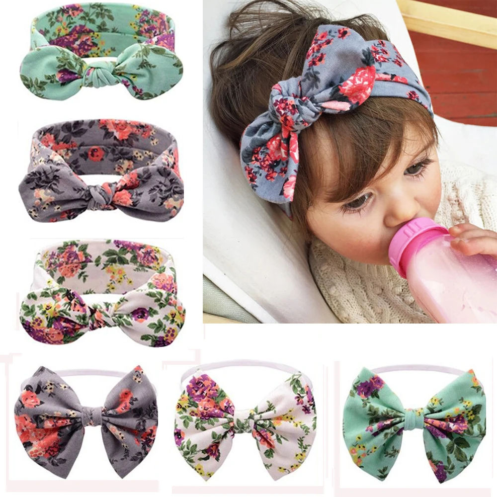 

HOOH 1PC Floral Headband Children Girls Bow Knot Headbands Elastic Hairband Soft Turban Headwrap Rabbit Ears Hair Accessories