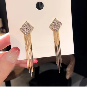 

Dominated 2019 New Geometric Metal Square Earrings Tassel crystal temperament long Women Drop earrings