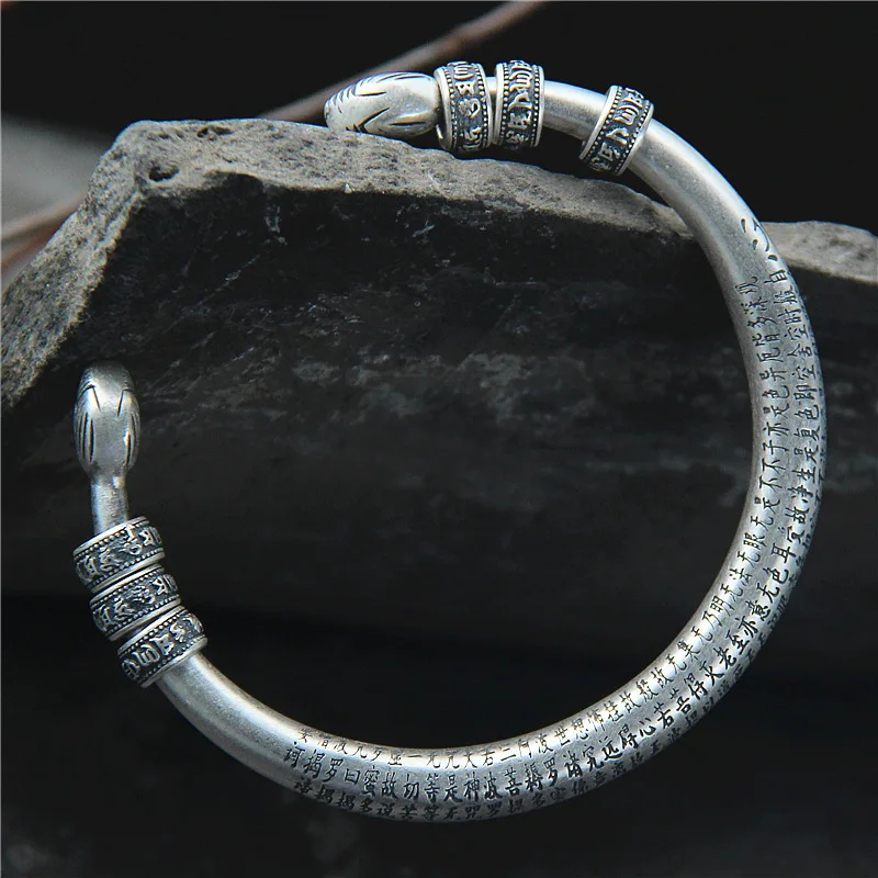 

S999 Sterling Silver Retro Thai Silver Six Words Scripture Fashion Men And Women Open Ended Bangle