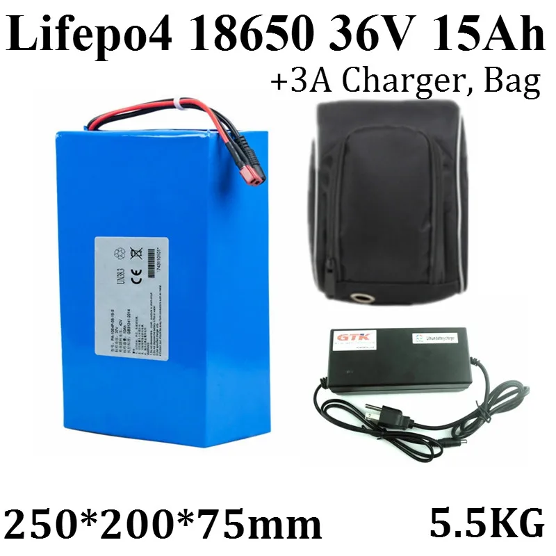 Lifepo4 Battery 36v 15ah+3A Charger BMS bag battery 18650 540Wh for