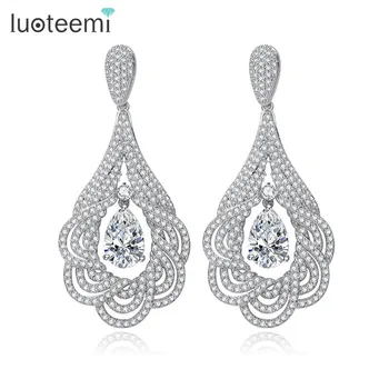 

LUOTEEMI New Luxurious Big Flower Pendant Drop Earrings Micro Paved Tiny CZ Brincos Bridal Wedding Jewelry Ear Accessories