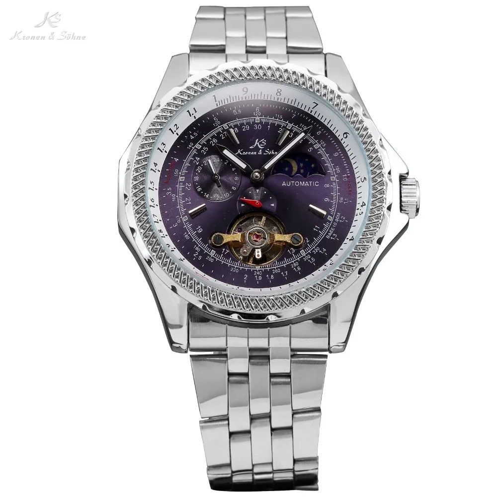 

Genuine KS Dark Blue Dial Display Sun & Moon Tourbillion Men Automatic Mechanical Stainless Steel Band Dress Wrist Watch / KS072