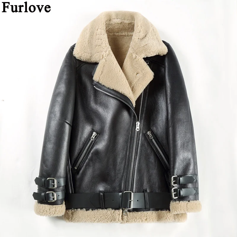 Furlove, зимняя женская куртка, двустороннее меховое пальто, парка из овчины, натуральная кожа, теплая Толстая Натуральная шерсть, меховая подкладка, куртки