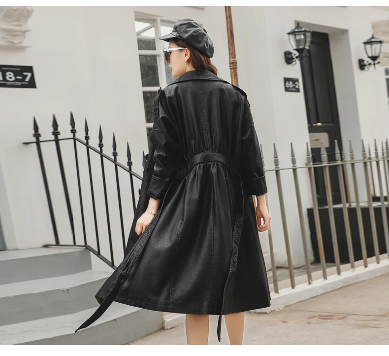 SWREDMI Женский черный кожаный Тренч свободное кожаное пальто с поясом размера плюс Повседневная Длинная женская кожаная одежда Casaco Feminino