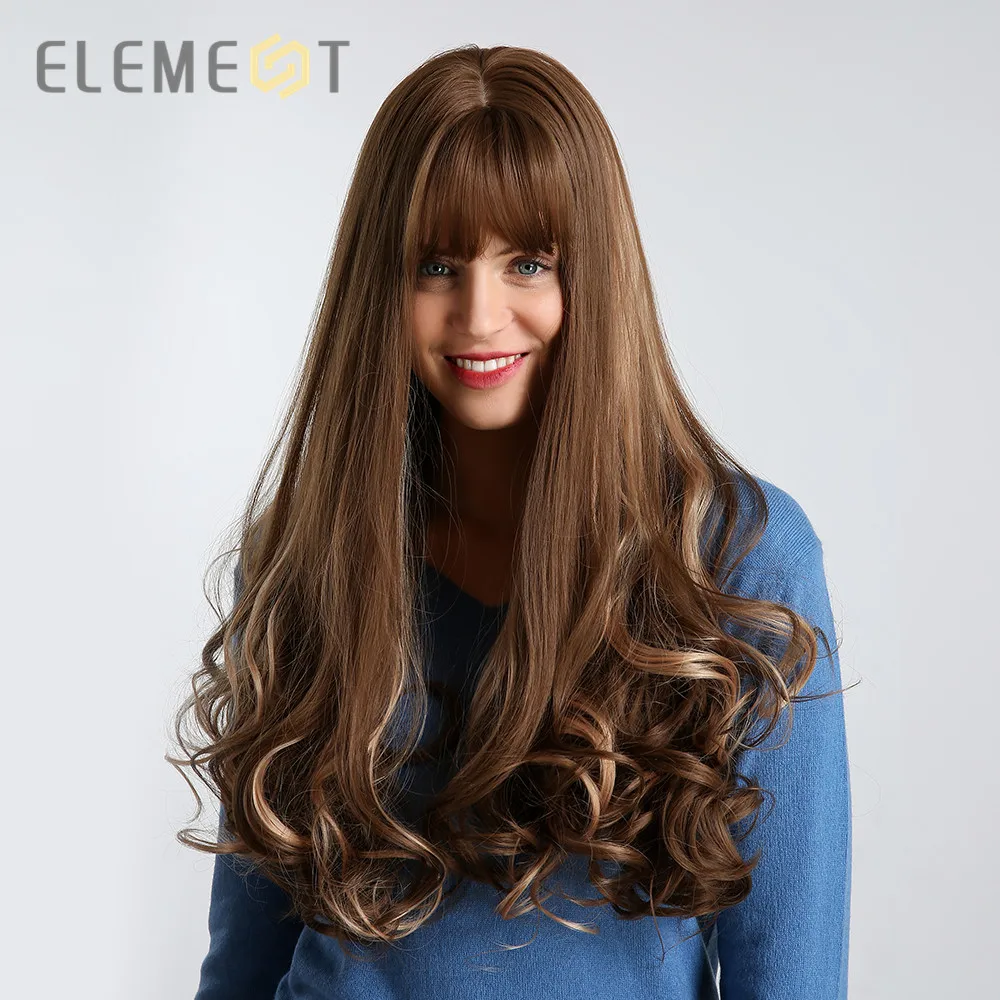 

Element 26 inch Long Synthetic Wig with Bangs Mixed Brown Color Heat Resistant Fiber Natural Wave Average Cap Wigs for Women