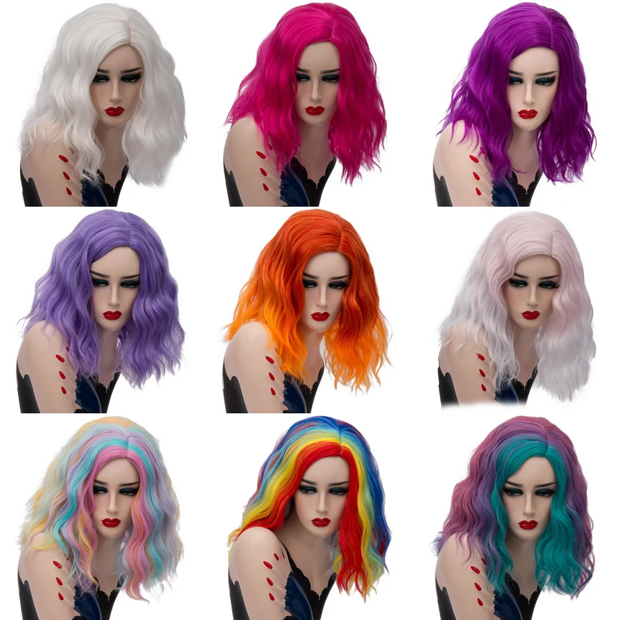

14inch Short Wavy Colorful Rainbow Wig Synthetic Hair Halloween Costume Anime Cosplay Orange Ombre Party Wigs For Women