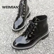 WEIMIAN Women Ankle Boots Black Thick Heels Pumps Dress Shoes Woman Chains Patent Leather Thigh High