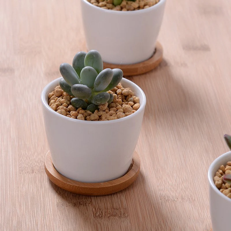 Indoor white ceramic plant pots crafts pottery planters with bamboo