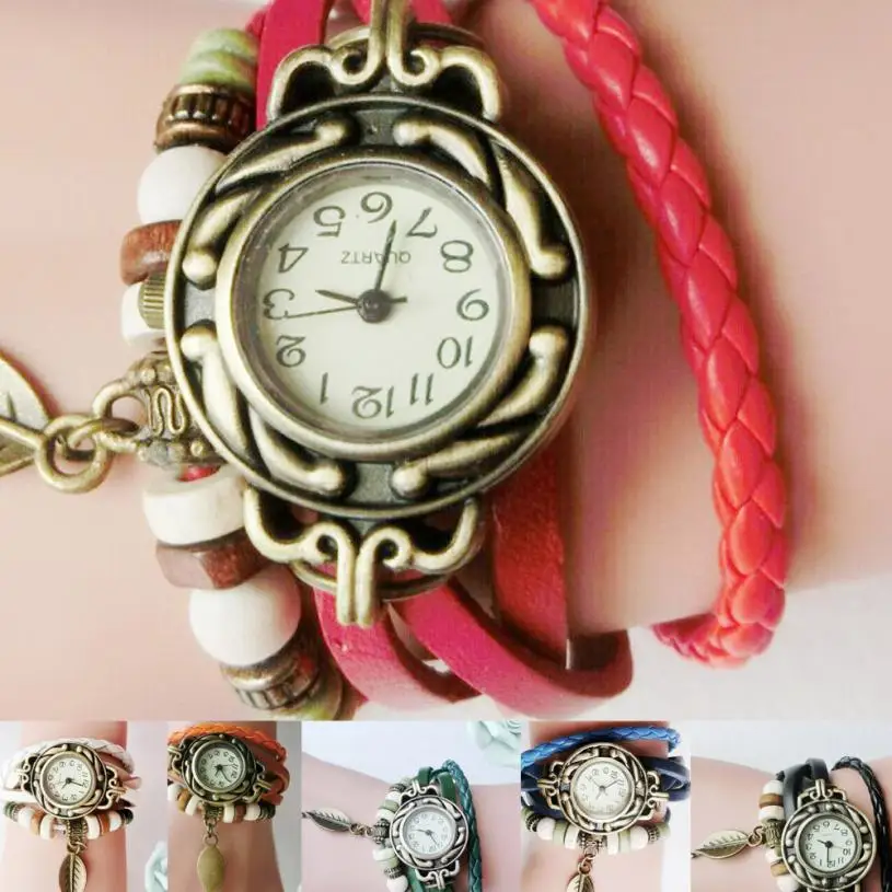 

2017 NEW Women Children Retro LeatherWinding Bracelet Leaf Pendant Watch L943