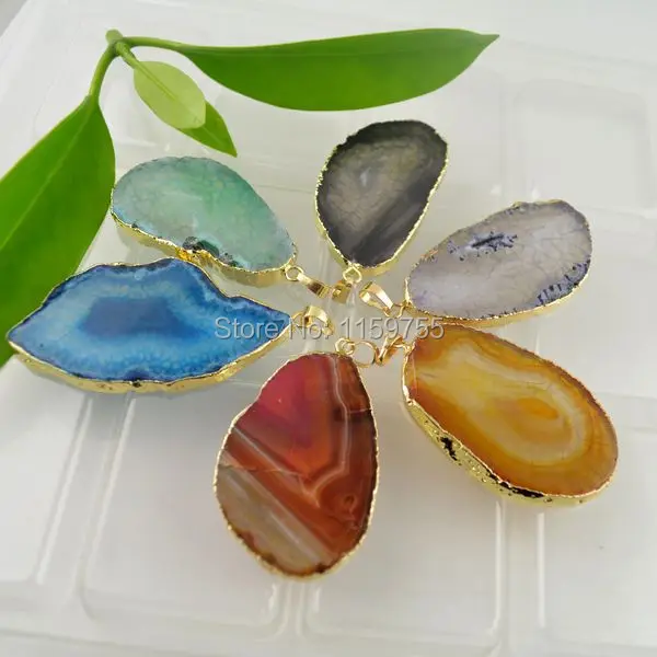 

wholesale Pendant Stones Slice Pendant, 24kt,Gold Color Edge Stones Slice Pendant Mix Color
