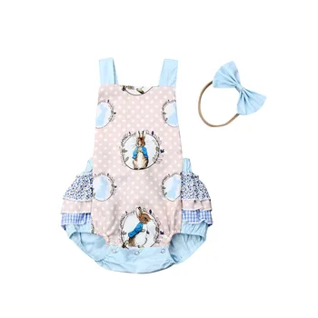 

Cute Newborn Baby Girl Boys Bunny Bodysuit Sleeveless Cartoon Print Jumpsuit+Headband Clothes Outfit