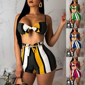 

Womens Beach Set Lace Up Sexy Backless Sleeveless Striped Print Crop Top And Shorts Suit Summer Fashion Beachwear For Women 2019