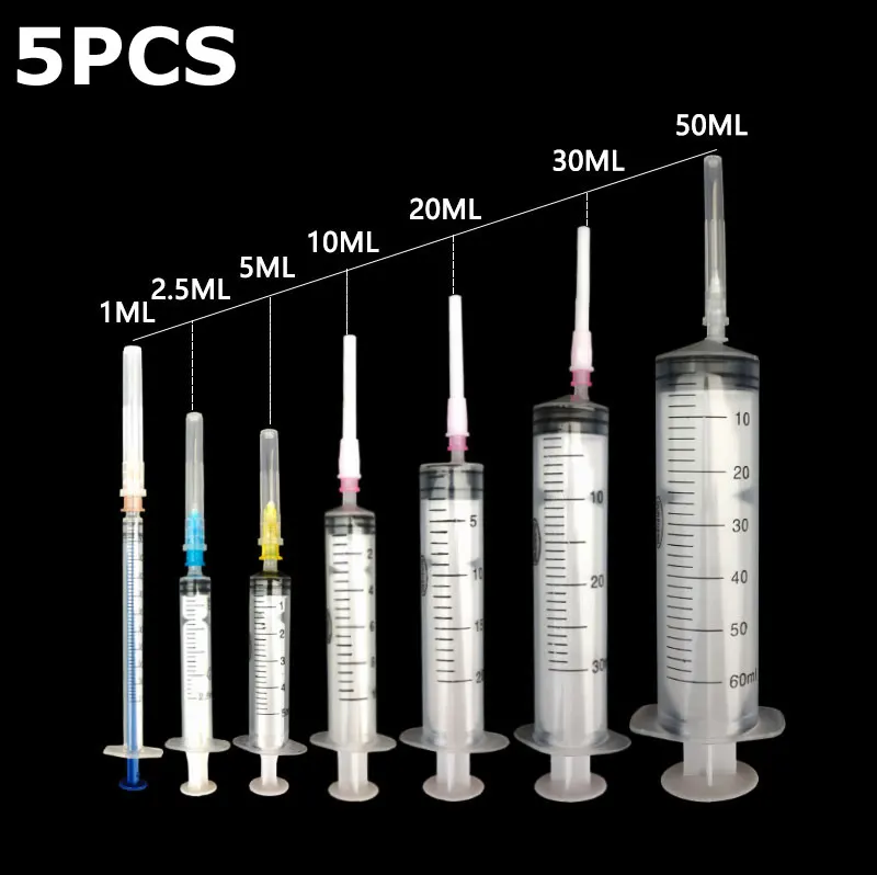 

5PCS X 1ML-50ML Plastic Hydroponics Disposable Measuring Pet Food Nutrient Syringes with Needle for Puppy Dog Drinking Tortoise