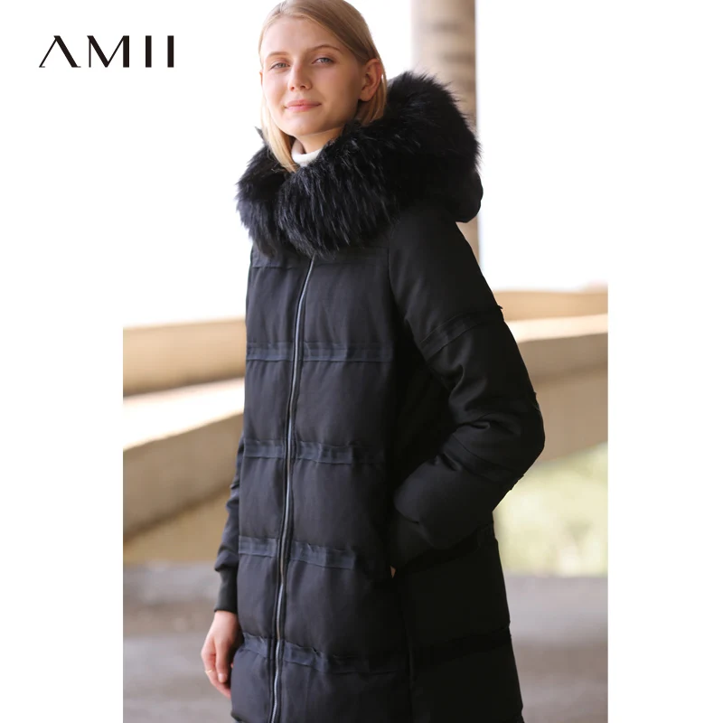 

Amii Minimalist Long Down Jacket Women Winter 2018 Causal Loose Real Fur Collar 90% White Duck Black Hooded Down Jacket
