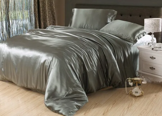 7pcs silver grey silk bedding set satin sheets cal king queen full king silk sheets