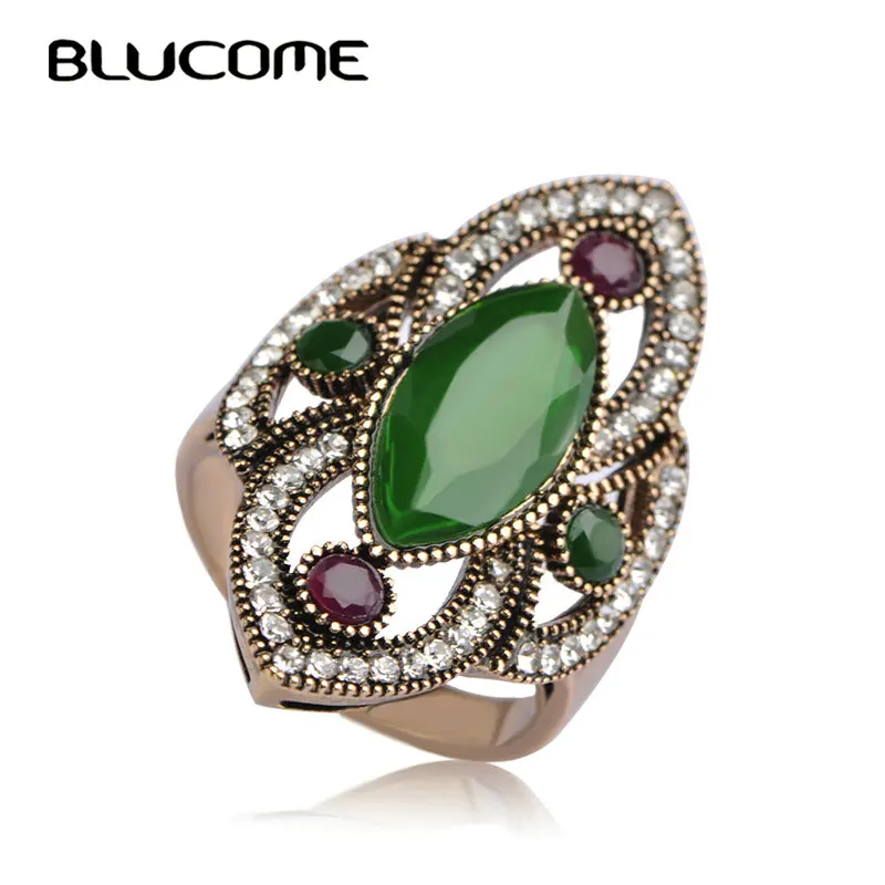 

Blucome New Turkey Style Large Size Wide Ring Mosaic Green Resin Crystal Flower Women Engagement Rings For Party Accessories