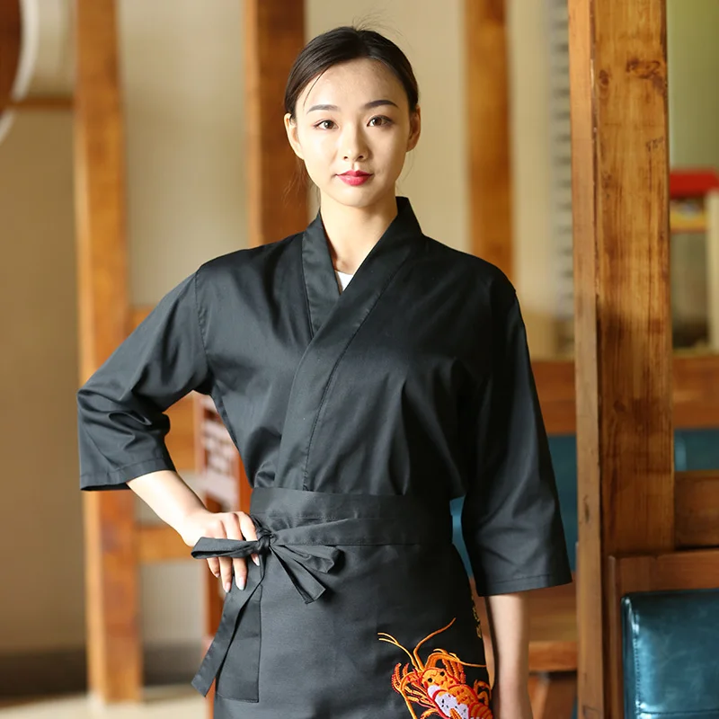 

New Unisex Japanese Korea Style Chef Uniform Cook Shirt Medium Sleeve Kimono Sushi Restaurant Kitchen Waiter Work Uniforms QJ06