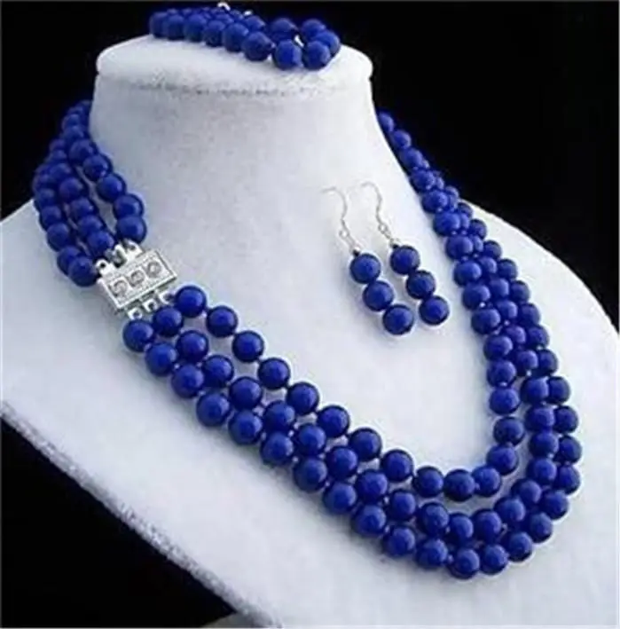 

New 3 Rows 8mm Lapis Lazuli Necklace Bracelet Earrngs Set Beads Fashion Jewelry Set Natural Stone Christmas gifts (Min Order 1)