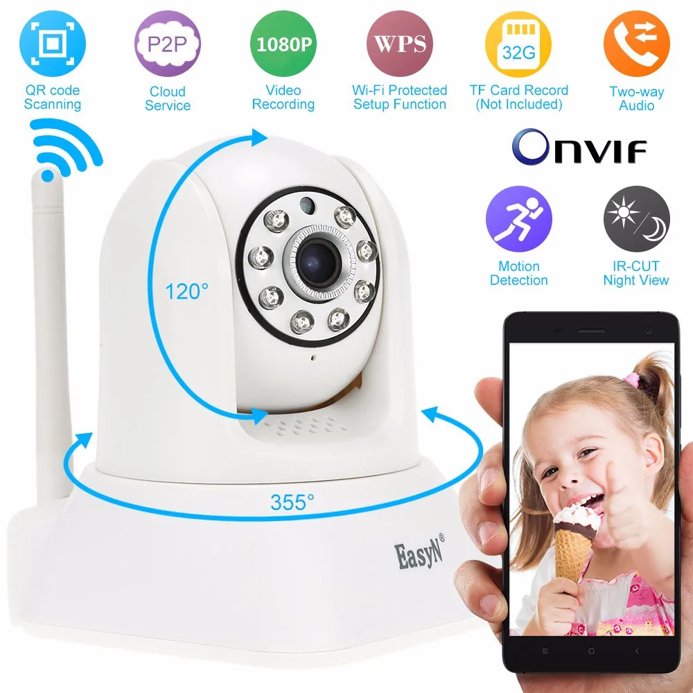 EasyN Беспроводная 2.0MP IP камера Wifi 1080P P2P ONVIF CCTV камера безопасности H.264 P/T IR-Cut ночное видение Обнаружение движения IP Cam